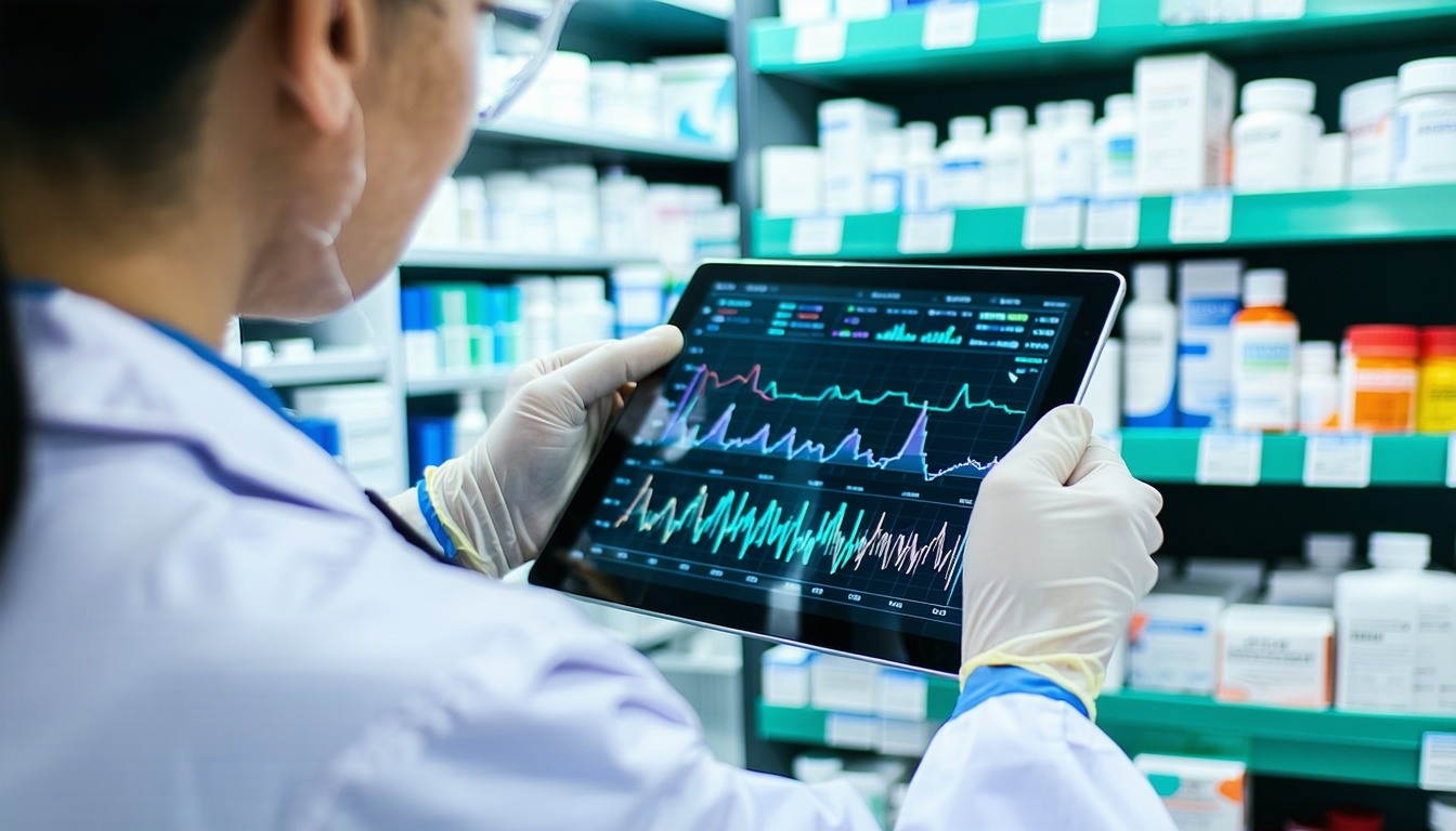 Pharmacist analyzing digital pharmacotherapy data on a tablet