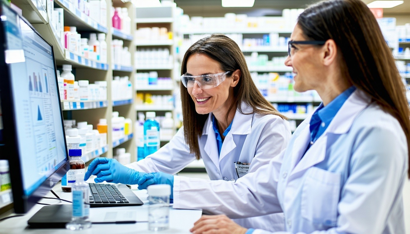 Pharmacy team collaborating using advanced software tools