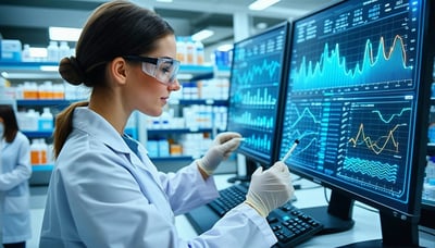 Illustration of a pharmacist analyzing data on a digital platform Illustration of a pharmacist analyzing data on a digital platform